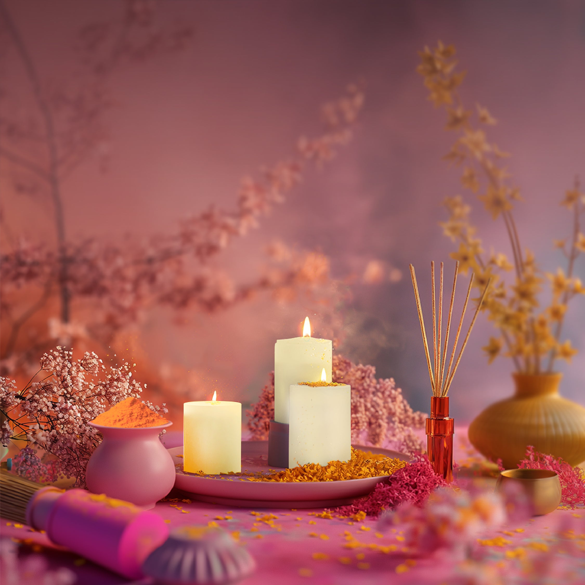 Holi gifts with decorative pillar candles & diffusers