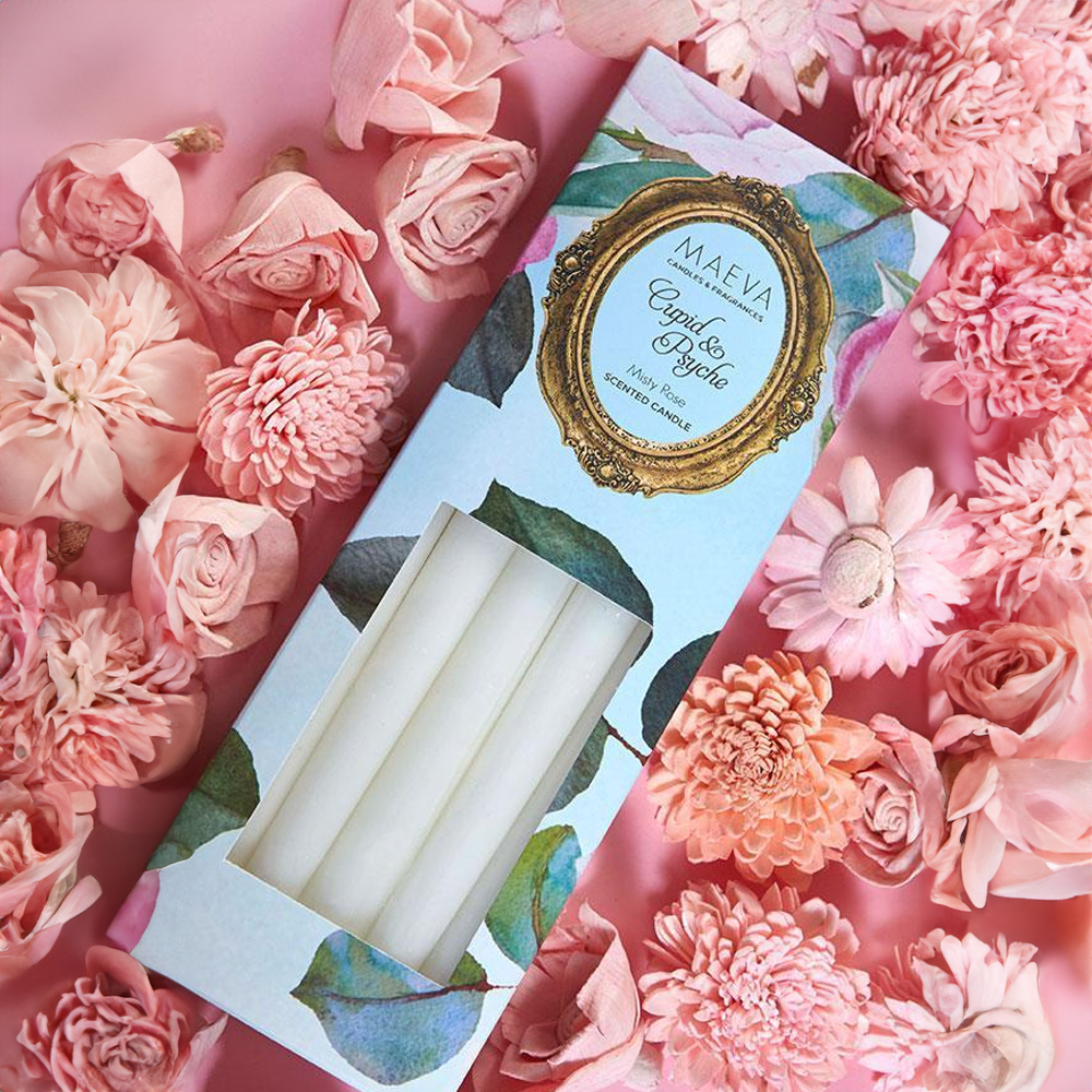 Cupid & Psyche Tapers Candles- Pk of 10 for Home Essentials & Gift | Organic Candles for Home Decor | Misty Rose Fragrant Wax Candles