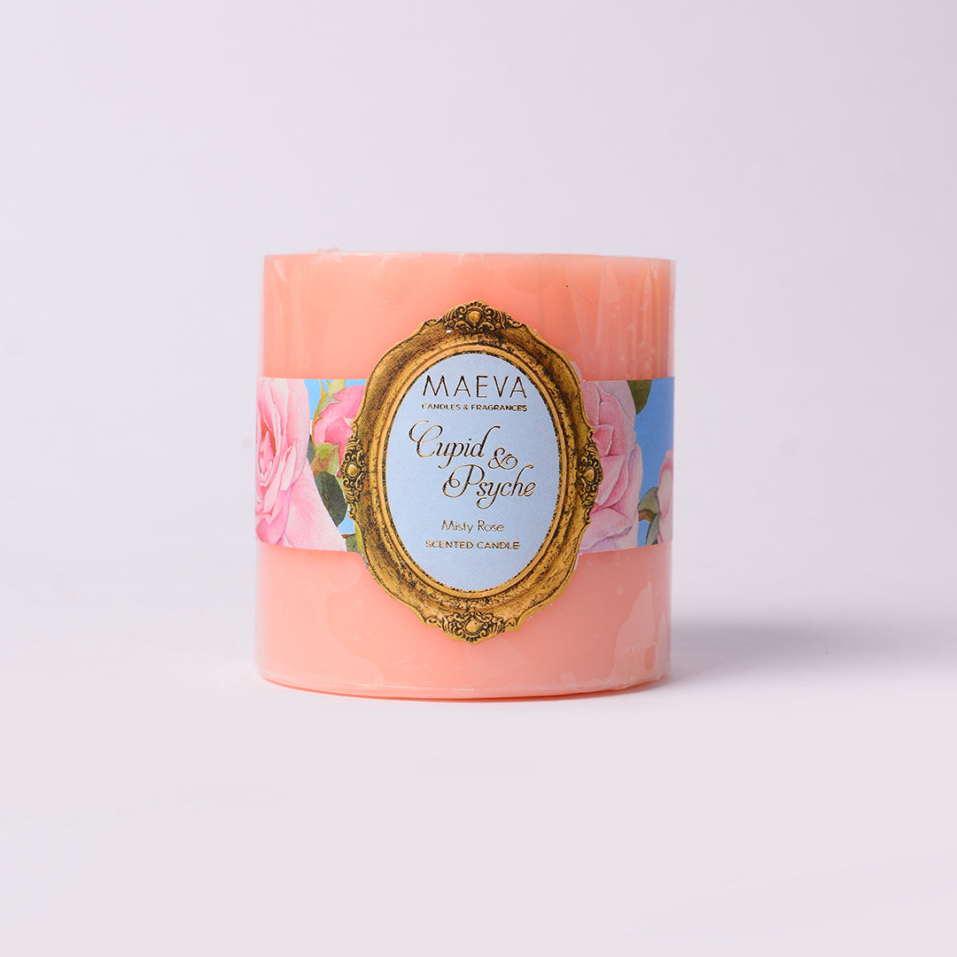 Cupid & Psyche Pillar Candle - S | Misty Rose Romantic Bedroom Candles | Pink Wax Small Scented Candles