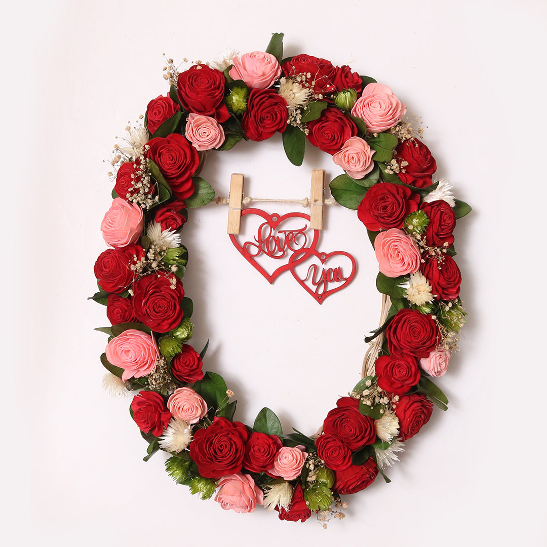 Eternal Love Oval Wreath | Red & Pink Dried Shola Roses Wreath for Home & Wall Decor | Oval Shape Wreath