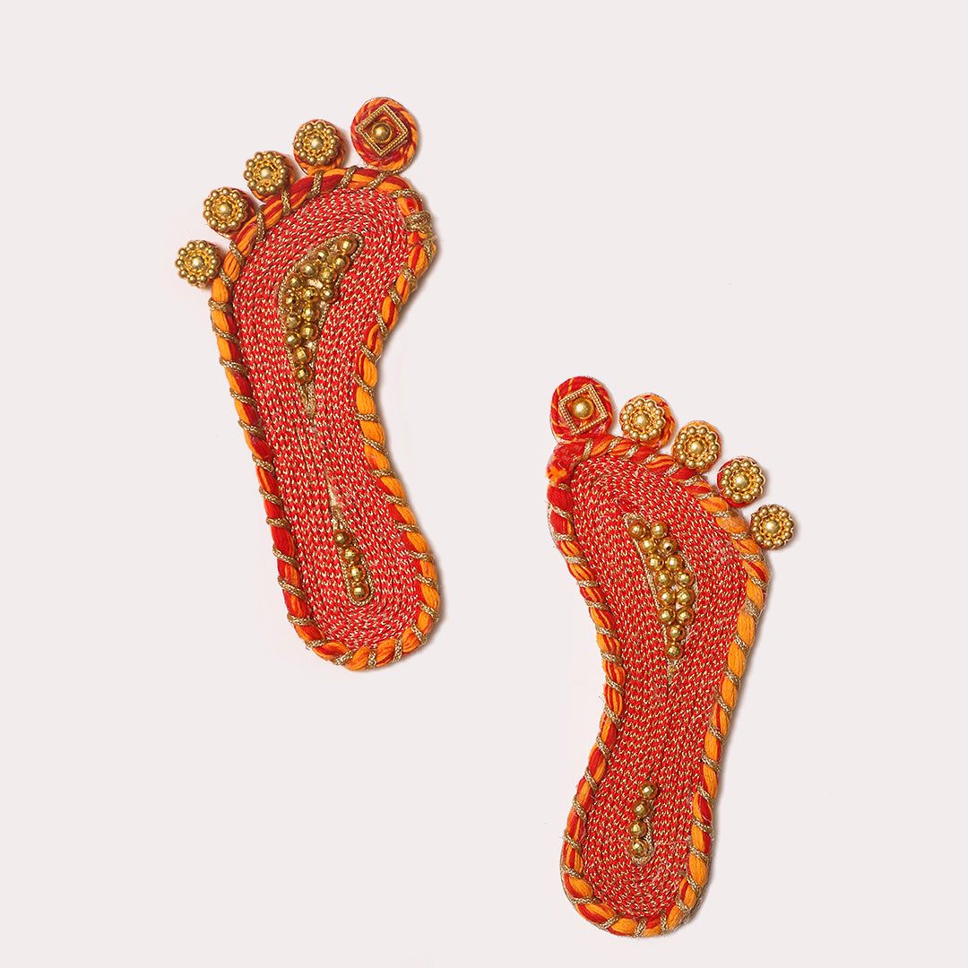 Red Embellished Lakshmi Feet | Hand-Decorated Lakshmi Feet for Temple Decor | Door Mat