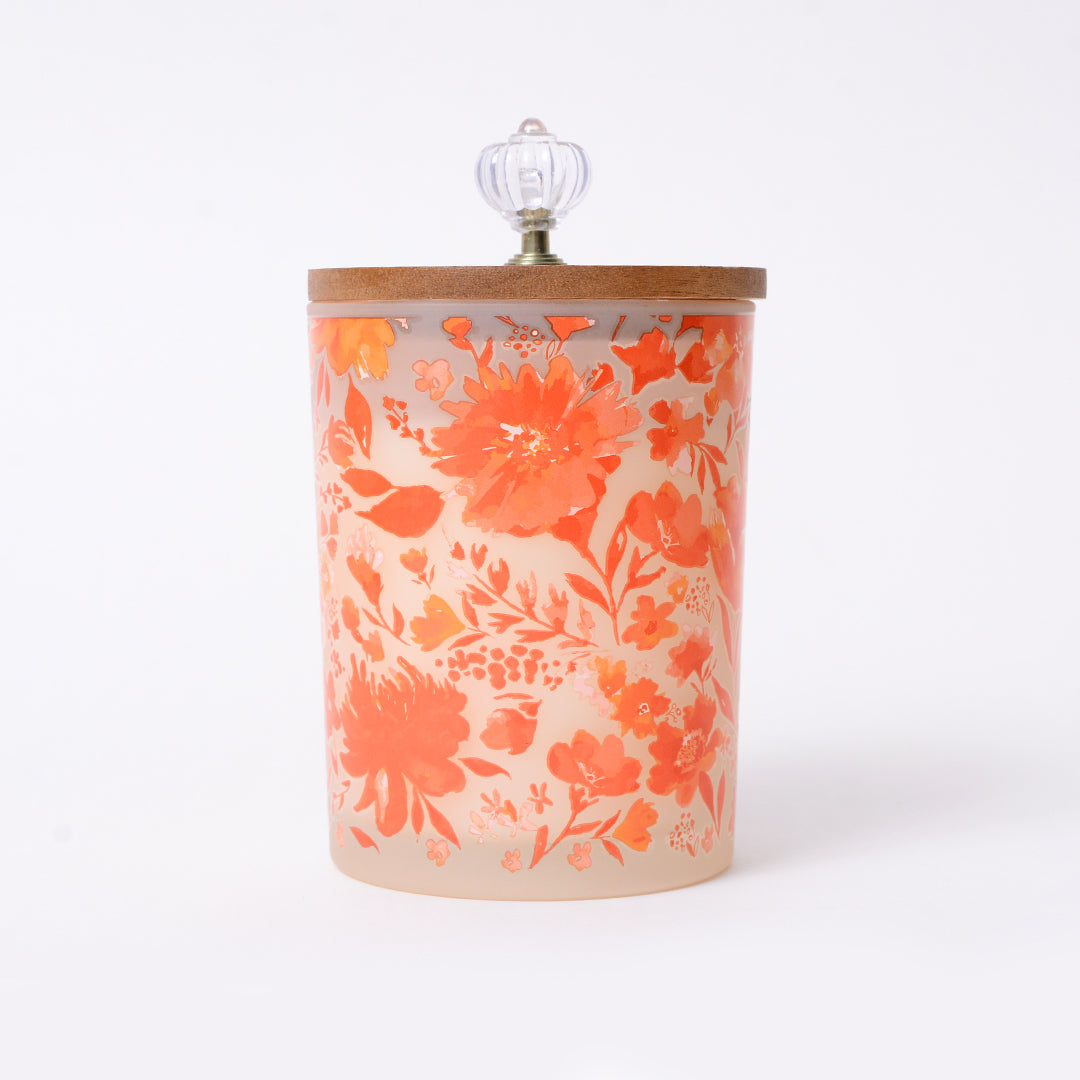 Red Mango Scented Jar Candle | Floral Print Mango Flavored Home Decor Candle | Beautiful Glass Candle Jar for Gift