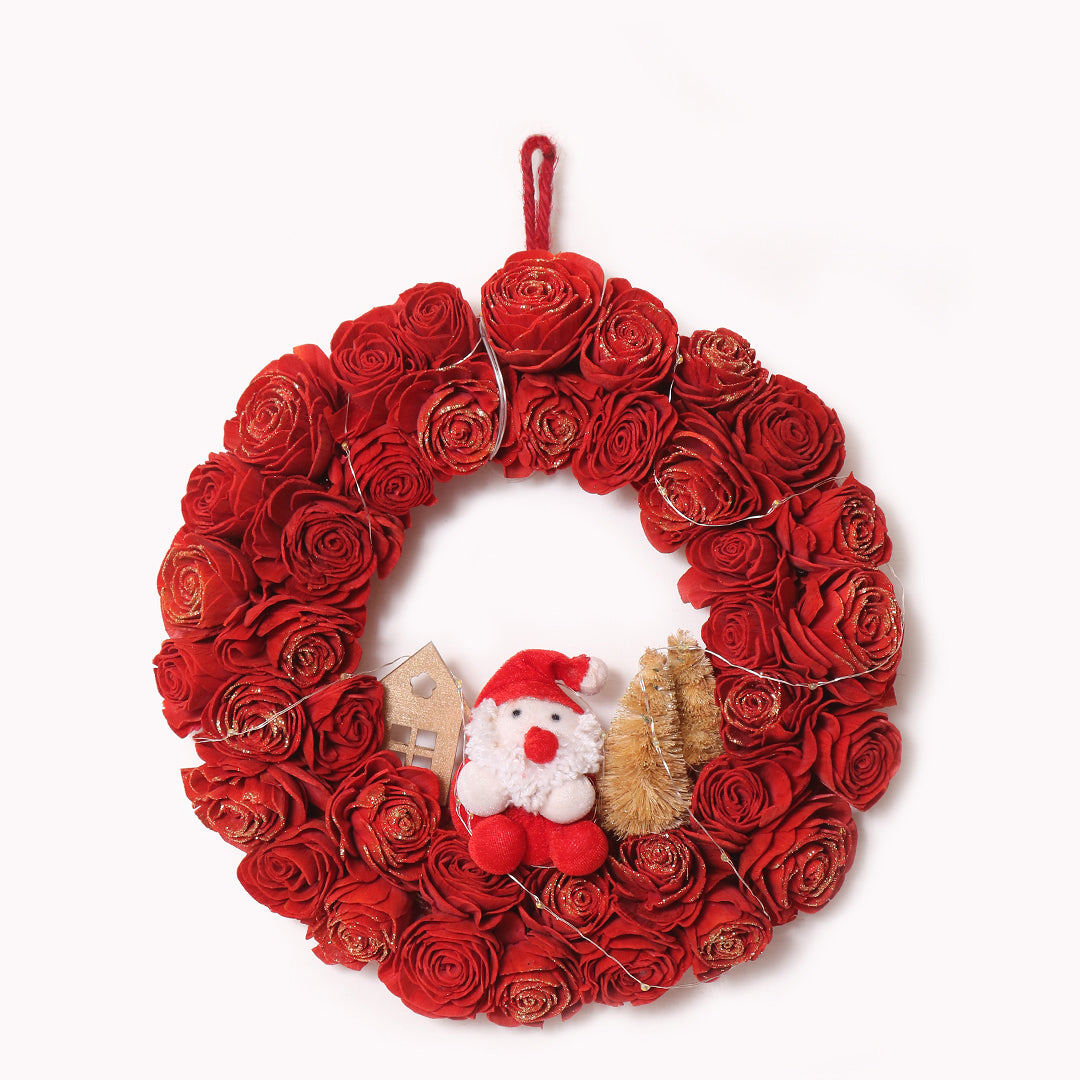 Red Rose Lit Christmas Wreath | Red Rose Floral Wreath for Table Decor & Wall Dedor