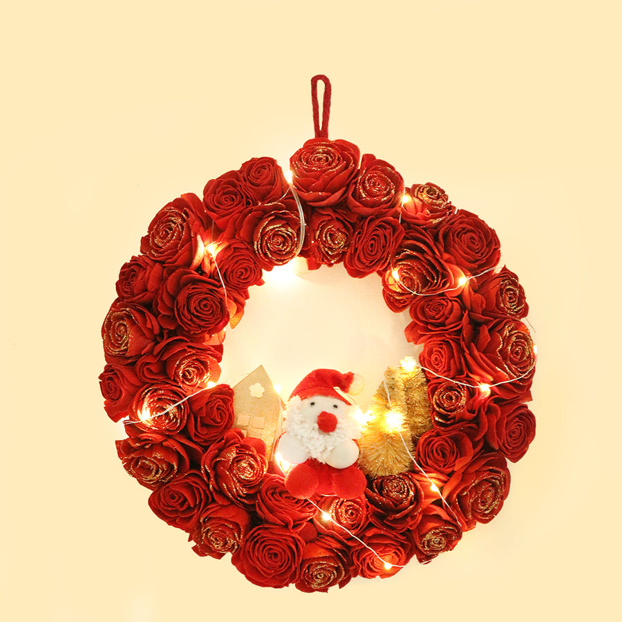 Red Rose Lit Christmas Wreath